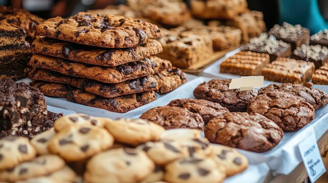 A delightful display of assorted cookies and brownies on a table at a bakery or market stall