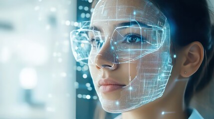 Close up of woman with digital face scan and futuristic glasses in a bright environment