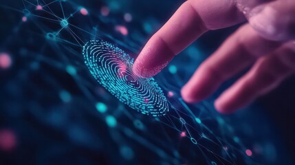 Fingerprint technology on a digital interface with a hand interacting with the fingerprint scan