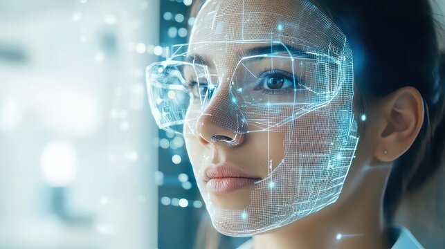 Close up of woman with digital face scan and futuristic glasses in a bright environment - Powered by Adobe