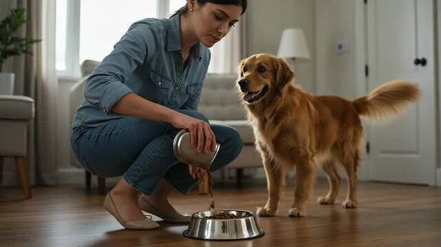 Young woman pouring kibble into a metal bowl for her happy Golden Retriever