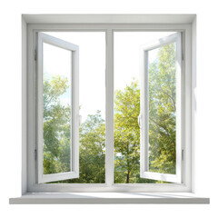 White window open to a verdant landscape