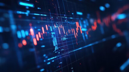 Abstract data visualization with red and blue bars on a digital interface background display screen