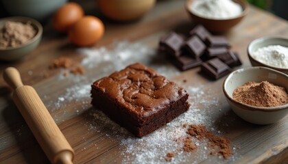 Delicious brownie preparation with baking ingredients on kitchen counter