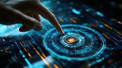 Finger touching a glowing blue circular interface with intricate digital circuit patterns design