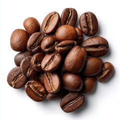 Obraz premium Pile of roasted brown coffee beans close up studio shot isolated on white background.