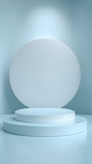 Round matte podium on a gentle white-blue gradient wall, elegant and modern