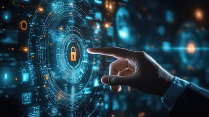 A hand touches a digital interface with a padlock icon representing cybersecurity and data protection