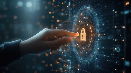 Hand touching a glowing padlock on a digital interface representing data security and access control system