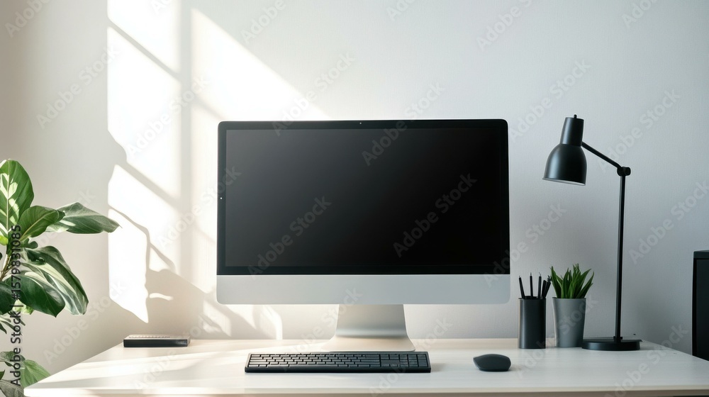 Poster calm home office setup with computer and desk lamp during daytime