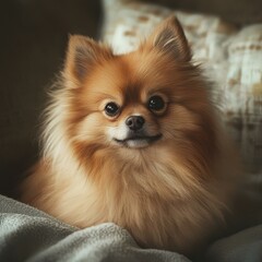 Pomeranian sitting calmly on a sofa at home during daytime