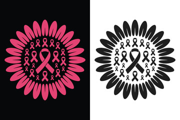 Breast cancer awareness flower design with pink ribbons silhouette