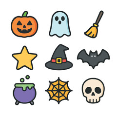 Halloween cartoon symbols collection with pumpkin, ghost and bat
