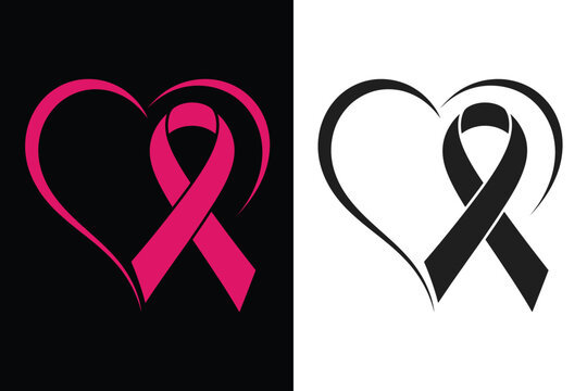 Pink ribbon inside heart shape symbol for breast cancer awareness silhouette