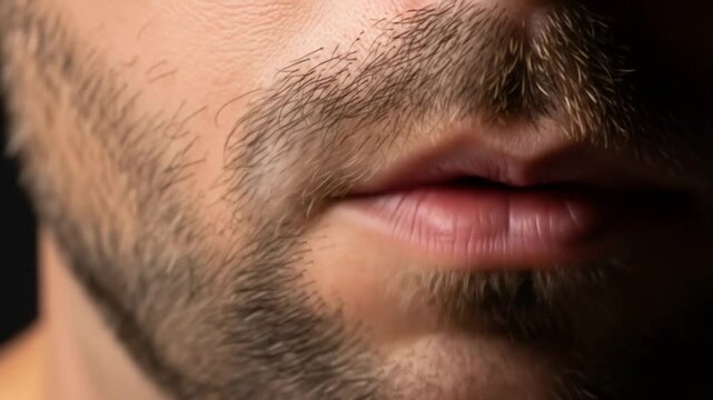Close-up of a man's face with mouth opening and closing, speaking or singing in a dark setting