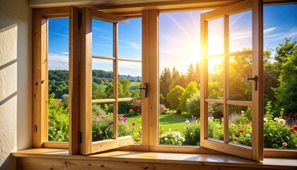 Sunny landscape view through open window