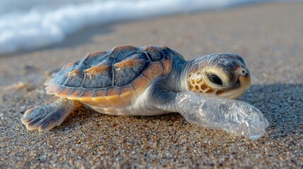 Obraz premium Baby sea turtle struggling on beach with plastic waste in its flipper, highlighting ocean pollution and wildlife conservation challenges