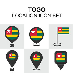 A set of location icons featuring Togo’s vibrant flag, useful for maps, educational content, and regional African visuals.
