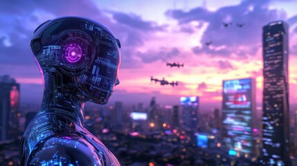 Futuristic robot in urban skyline at sunset with drones