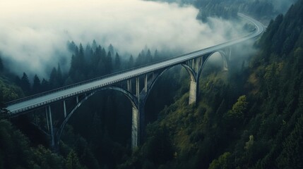 Obraz premium Foggy mountain bridge crossing peaceful forest road