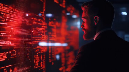 Man in suit looking at red digital interface with code and data on a dark background in profile view
