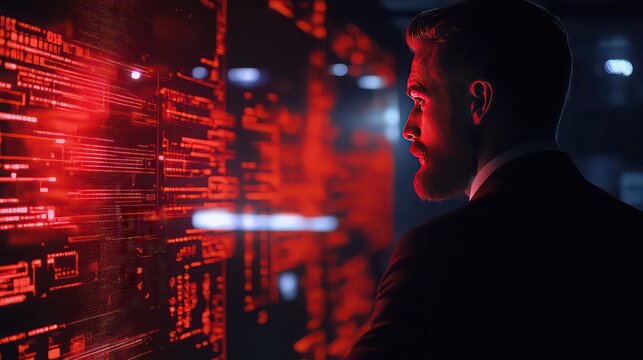 Man in suit looking at red digital interface with code and data on a dark background in profile view - Powered by Adobe