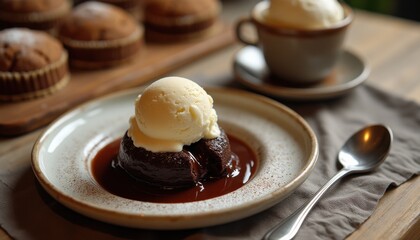 Chocolate lava cake with ice cream and muffins at cafe table
