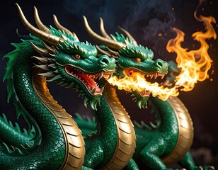 Fototapeta premium Three green dragons breathe fire