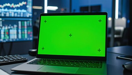 Financial analyst workstation with green screen laptop in a trading room - Powered by Adobe