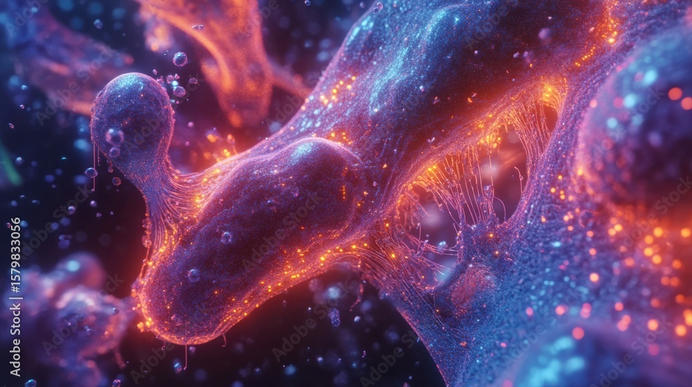 Poster abstract glowing particles in interconnected structures
