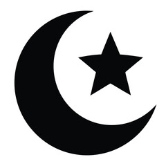 Black Crescent Moon with Star Symbol Isolated Against a White Background