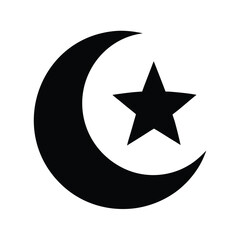 Black Crescent Moon with Star Symbol Isolated on a White Background