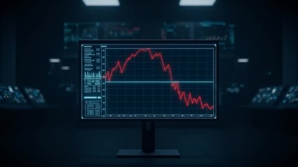 Economic Downturn: Red Line Graph Plummets on Monitor in Dark Control Room - Powered by Adobe