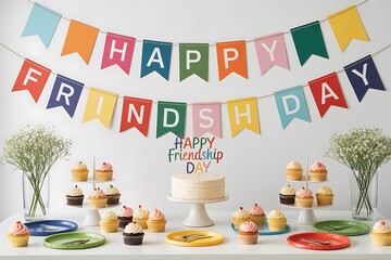 Festive celebration setup with cupcakes a cake and colorful happy friendship day banners