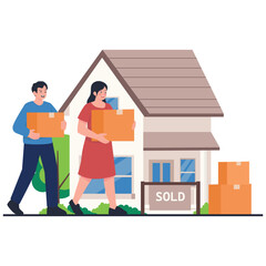 Real Estate Illustration. Vector illustration of A couple carries boxes into their newly purchased house, ready to move in. Isolated on background