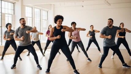 Energetic group fitness class: Diverse people doing synchronized workout moves in a bright studio - Powered by Adobe