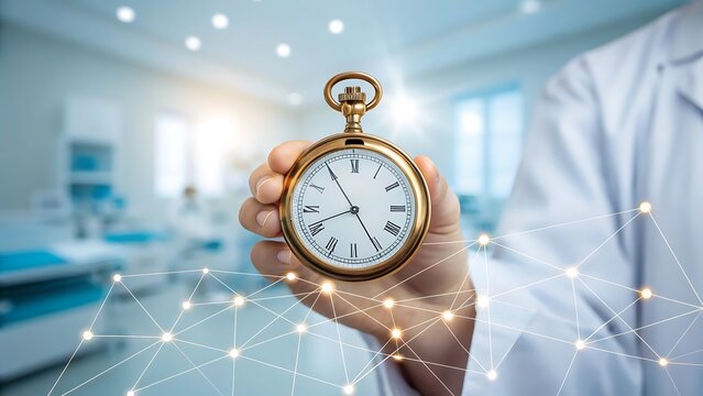 Doctor holding a vintage pocket watch with a glowing network overlay in a modern laboratory