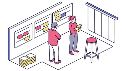 Isometric agile sprint planning scene: team gathered at Kanban board, colorful task cards, sticky note stacks, high stools, white walls, no text.

