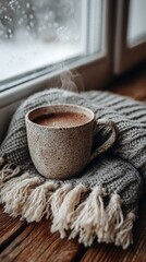 Fototapeta premium Cozy winter scene featuring a warm knit scarf wrapped beside a steaming mug of cocoa, evoking comfort, warmth, relaxation, and seasonal hygge atmosphere in soft natural light.