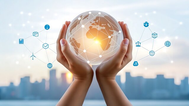 Hands holding a glowing digital globe with interconnected icons representing global technology and innovation