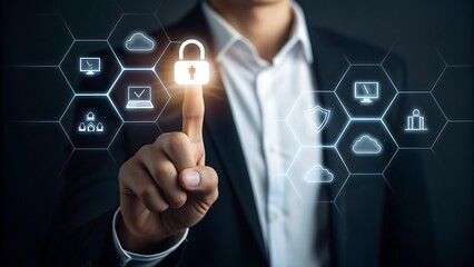 Businessman s finger touches a glowing padlock icon representing digital security and data protection