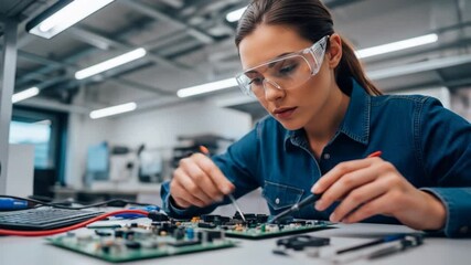 Female engineer meticulously soldering components onto a circuit board in a modern laboratory setting - Powered by Adobe