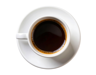  Top-down view of black coffee in white ceramic cup isolated on transparent background PNG