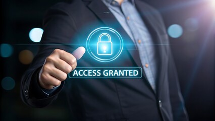 Man s finger touching a glowing digital pad displaying a padlock symbol and access granted message