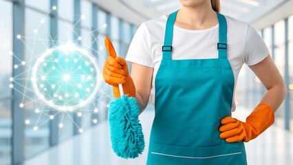 Professional cleaner in orange gloves and teal apron holding a duster with digital network overlay