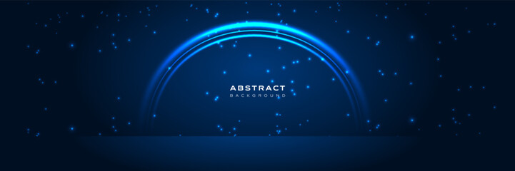 Futuristic abstract blue light background with glowing arc lines and sparkling particles on dark backdrop. Perfect for technology, sci-fi, digital concepts, presentations, or modern graphic design.