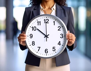 Businesswoman holding large clock emphasizing time management and punctuality