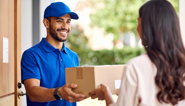 A delivery male man bring carton package to customer - Powered by Adobe