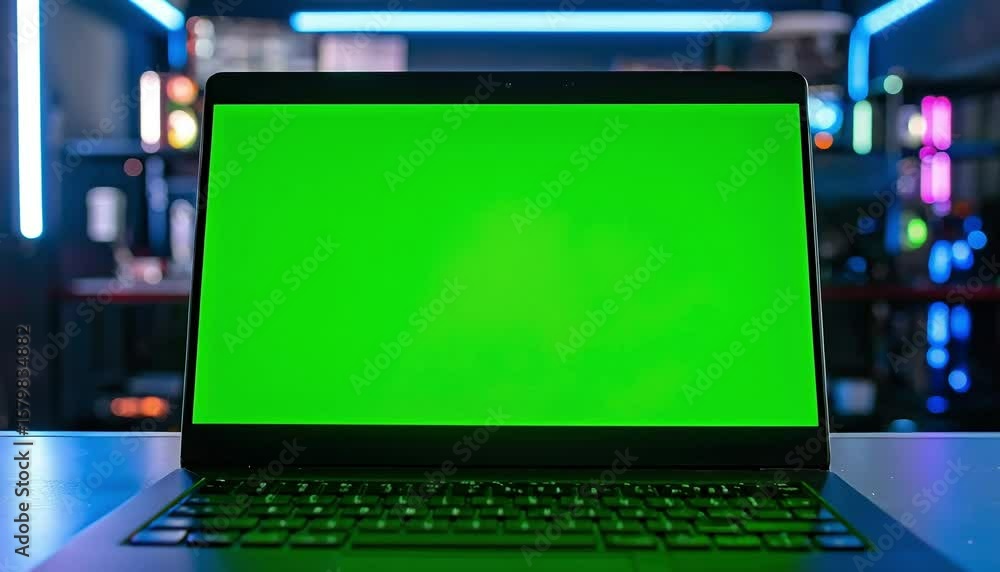 Poster laptop with green screen display on a table in a modern tech lab