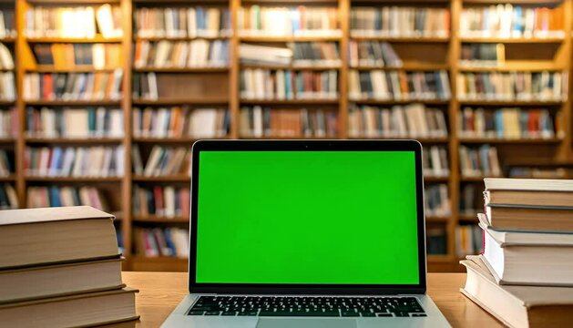 Laptop with green screen display sits among books in a library setting